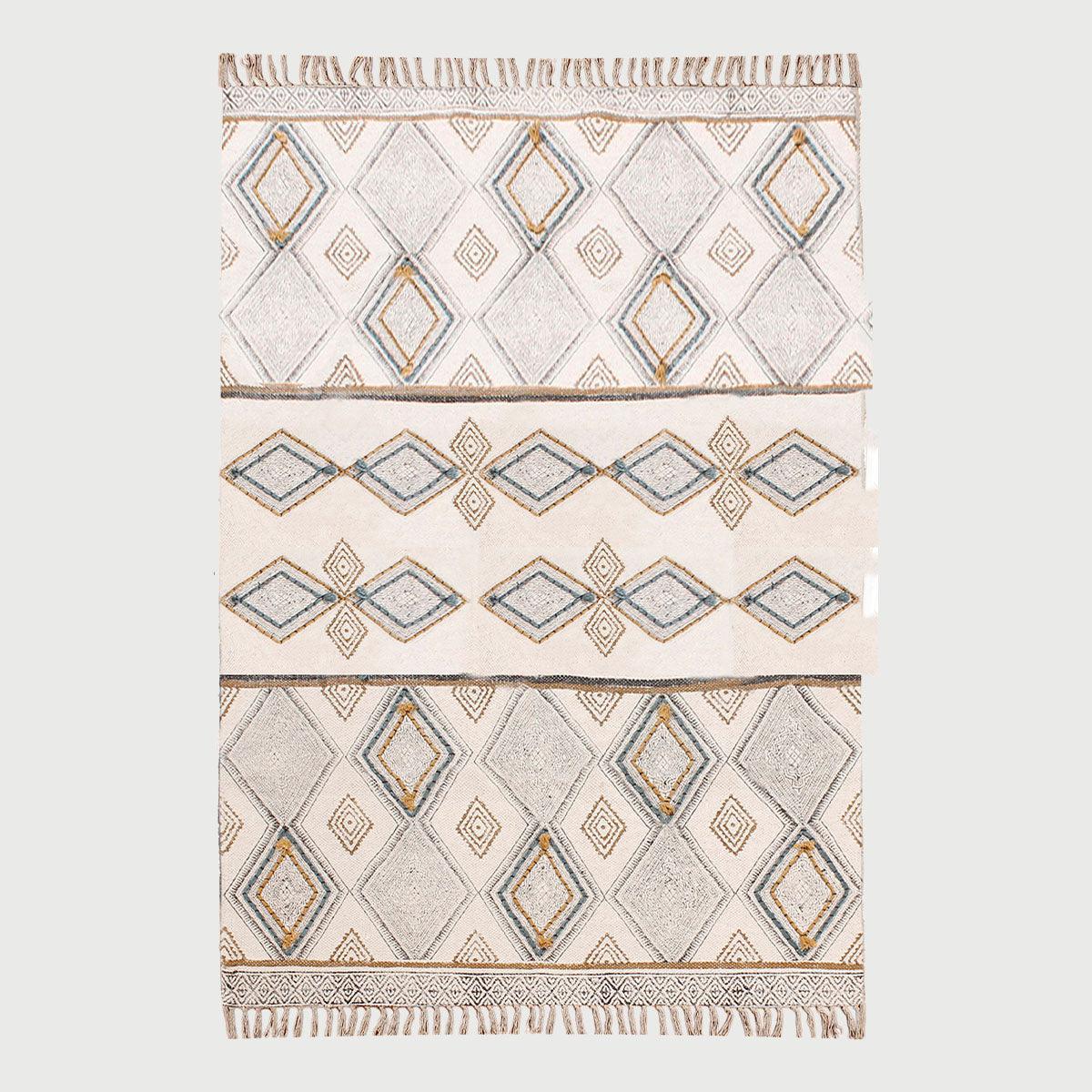 Thread Work Geometric Grey Beige Entry Way Cotton Dhurries - Indian Rug Store