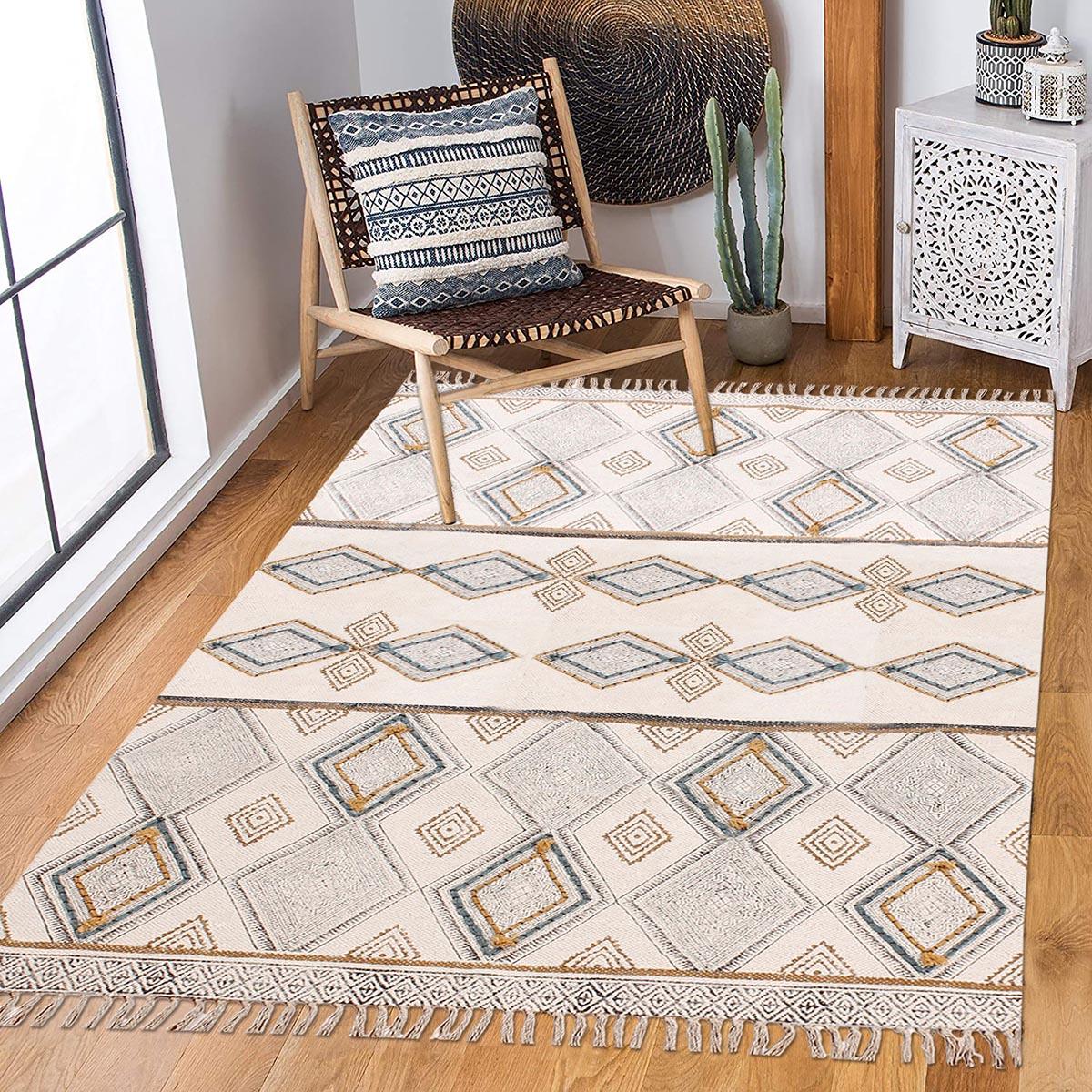 Thread Work Geometric Grey Beige Entry Way Cotton Dhurries - Indian Rug Store