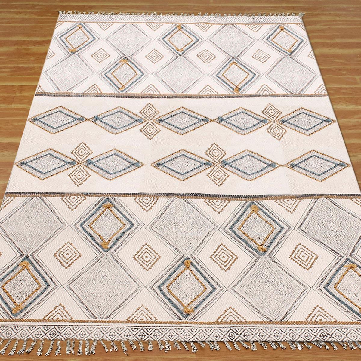 Thread Work Geometric Grey Beige Entry Way Cotton Dhurries - Indian Rug Store