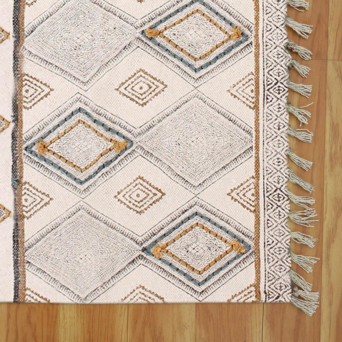 Thread Work Geometric Grey Beige Entry Way Cotton Dhurries - Indian Rug Store