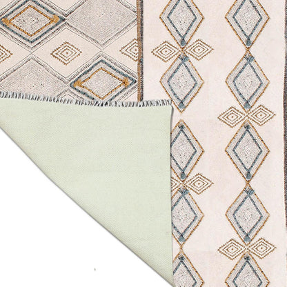 Thread Work Geometric Grey Beige Entry Way Cotton Dhurries - Indian Rug Store