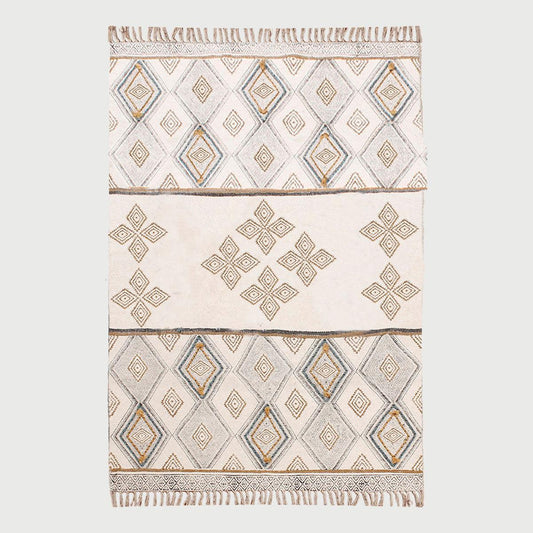 Thread Work Geometric Grey Beige Sea House Cotton Dhurries - Indian Rug Store