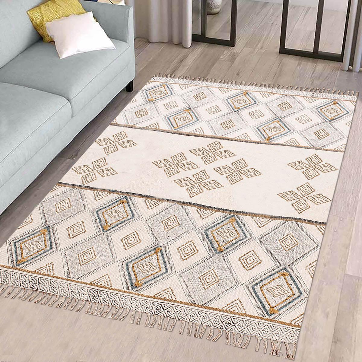 Thread Work Geometric Grey Beige Sea House Cotton Dhurries - Indian Rug Store