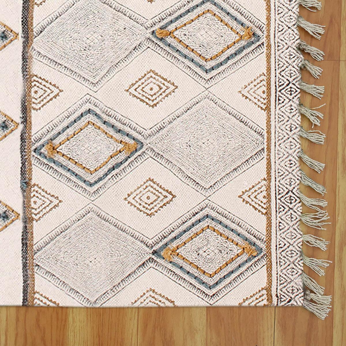 Thread Work Geometric Grey Beige Sea House Cotton Dhurries - Indian Rug Store