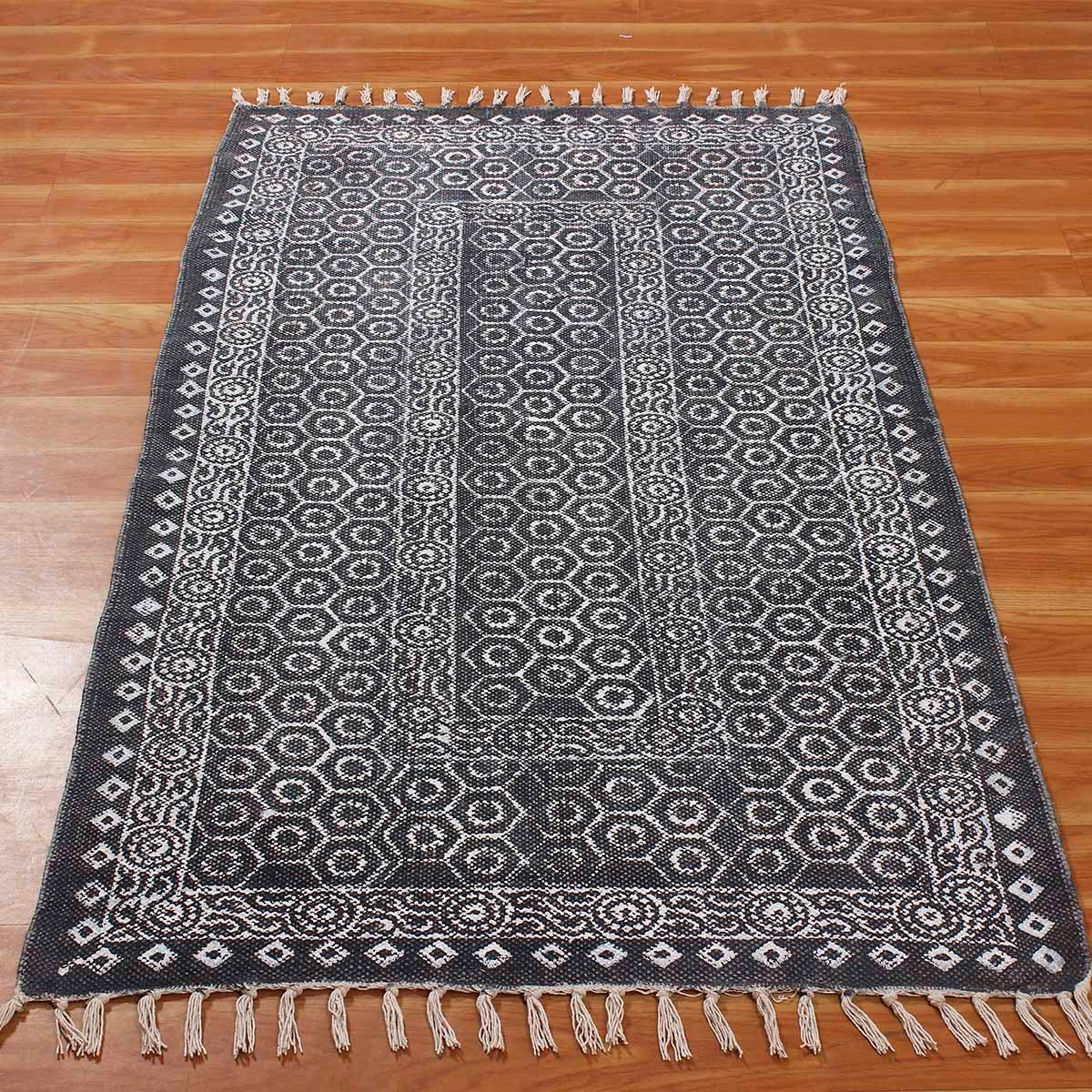 Hand Block Print Bordered Blue White Cotton Rug - Indian Rug Store