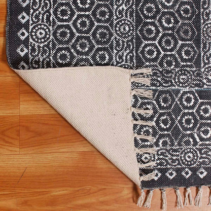 Hand Block Print Bordered Blue White Cotton Rug - Indian Rug Store