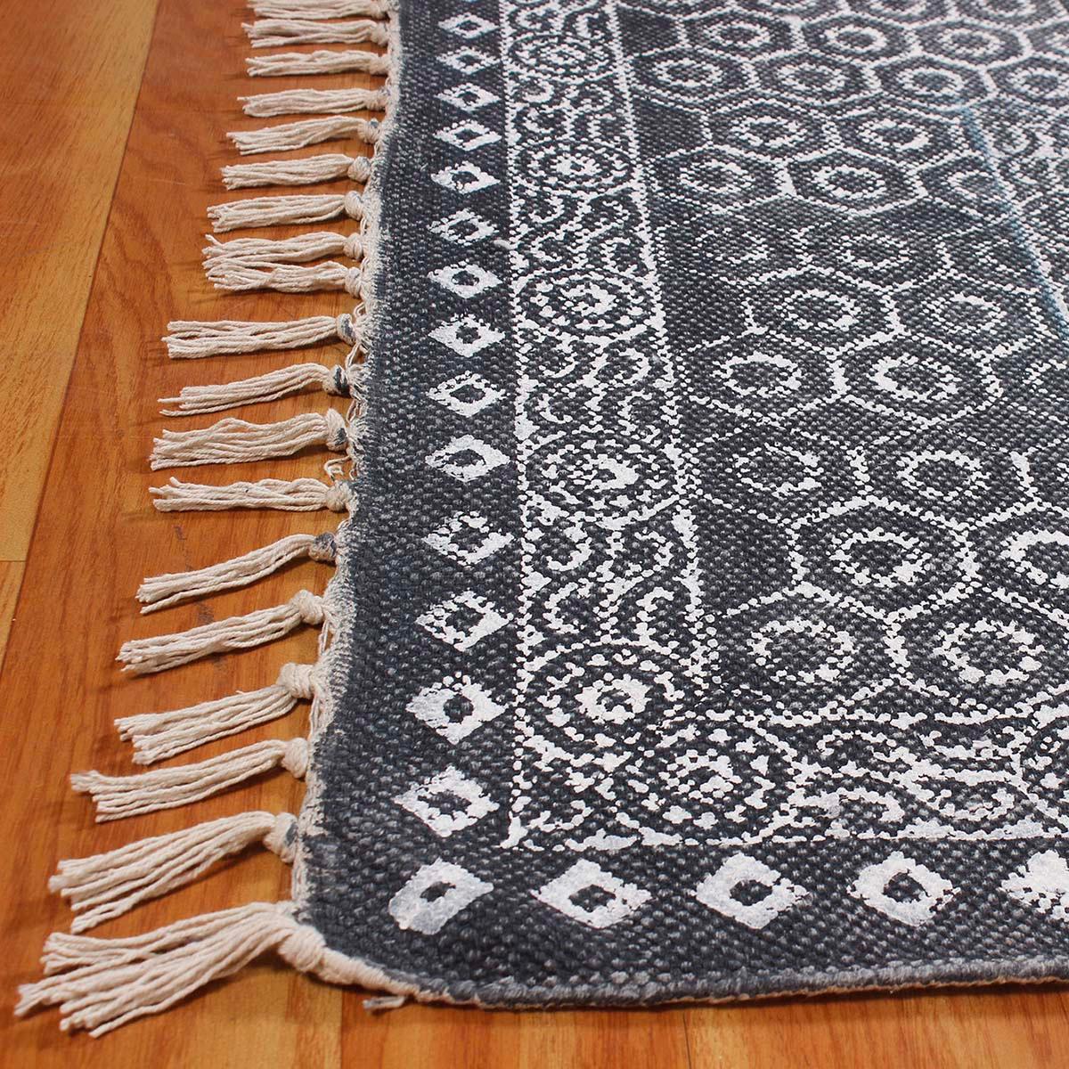 Hand Block Print Bordered Blue White Cotton Rug - Indian Rug Store