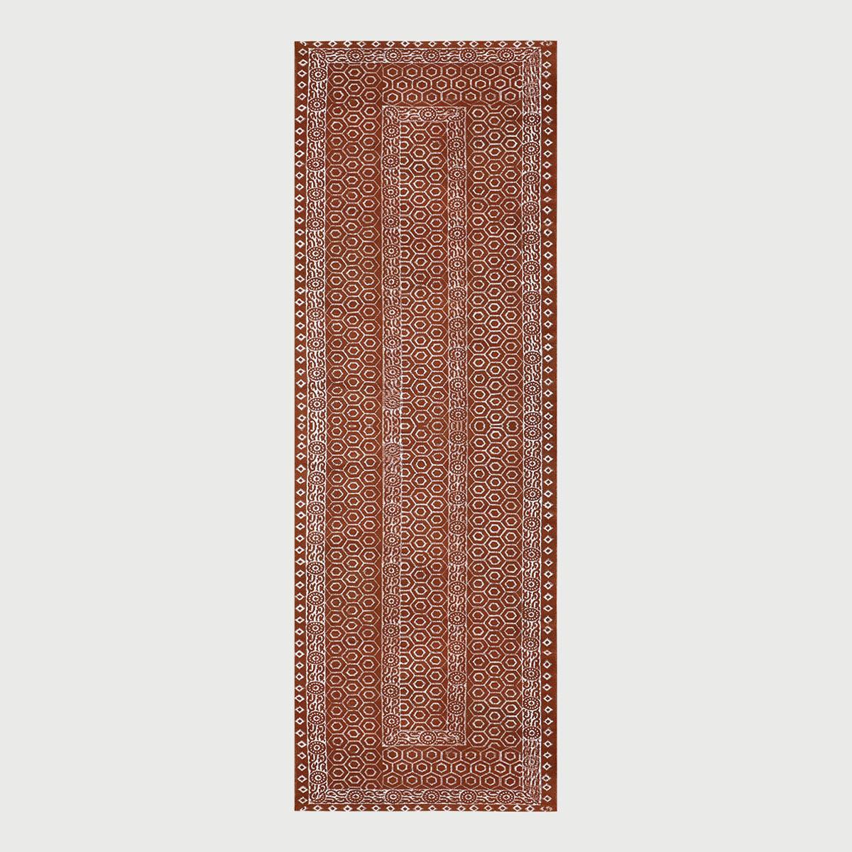 Hand Block Print Bordered Brown White Cotton Rug - Indian Rug Store