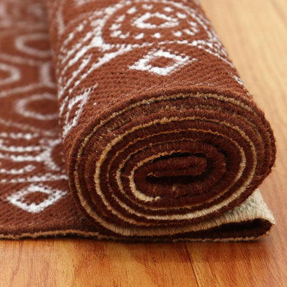 Hand Block Print Bordered Brown White Cotton Rug - Indian Rug Store