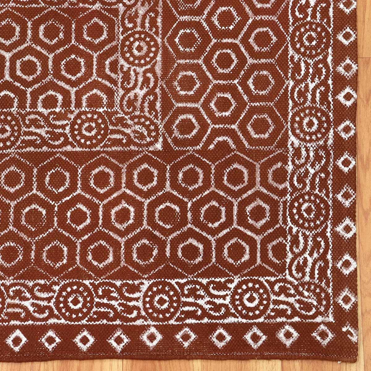 Hand Block Print Bordered Brown White Cotton Rug - Indian Rug Store