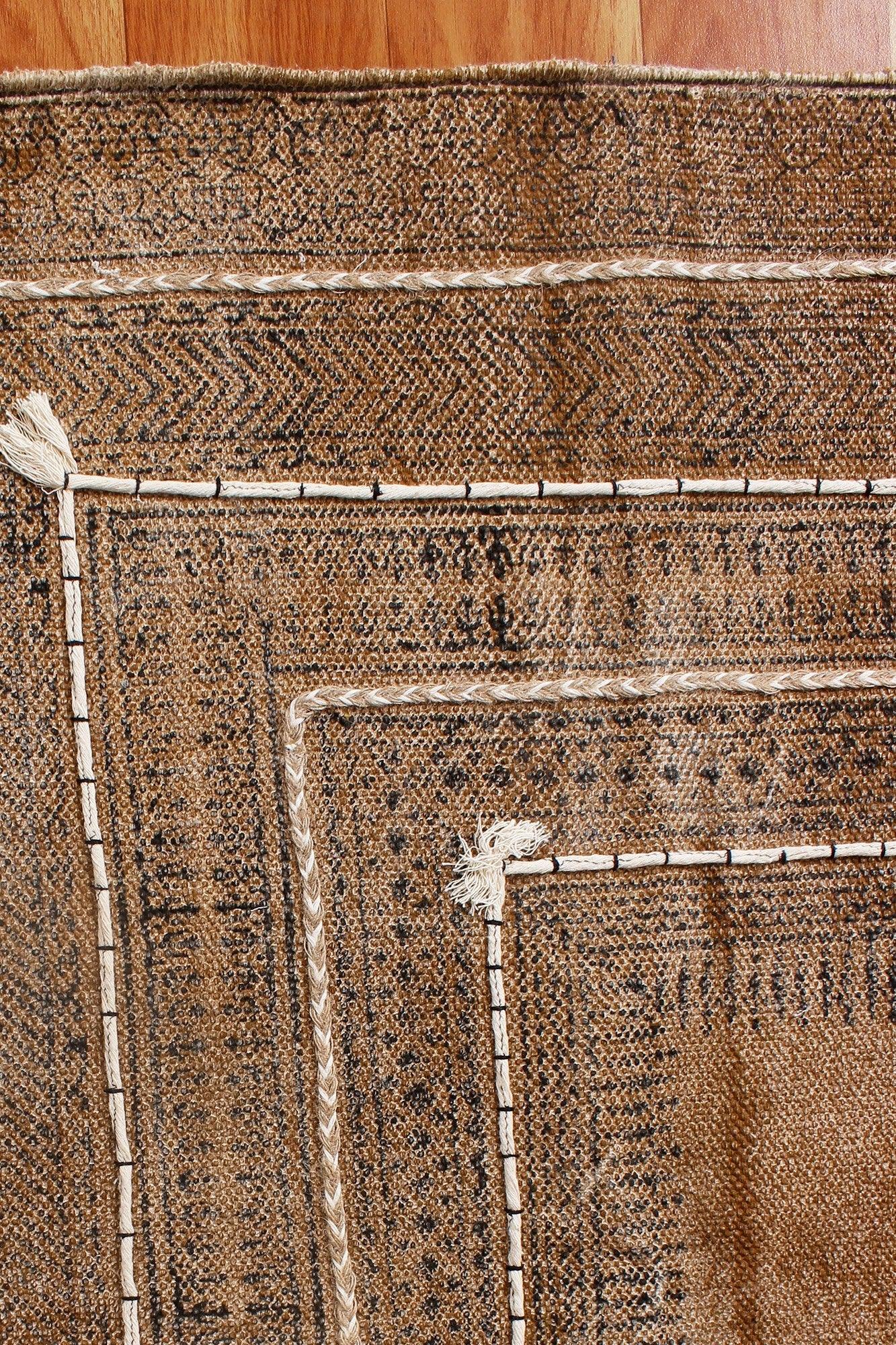 Thread Work Bordered Brown Black Cotton Dhurries - Indian Rug Store