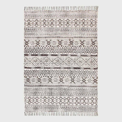 Thread Work Geometric Beige Gray Cotton Dhurries - Indian Rug Store