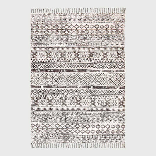 Thread Work Geometric Beige Gray Cotton Dhurries - Indian Rug Store