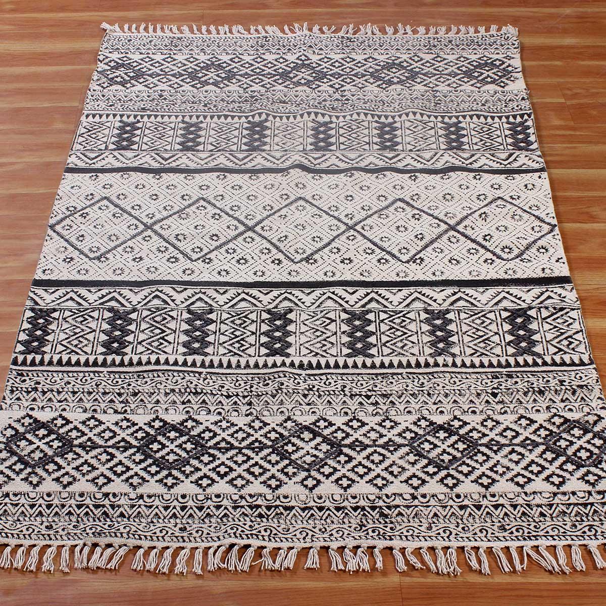 Thread Work Geometric Beige Gray Cotton Dhurries - Indian Rug Store