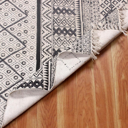 Thread Work Geometric Beige Gray Cotton Dhurries - Indian Rug Store