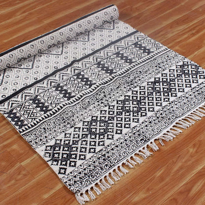 Thread Work Geometric Beige Gray Cotton Dhurries - Indian Rug Store