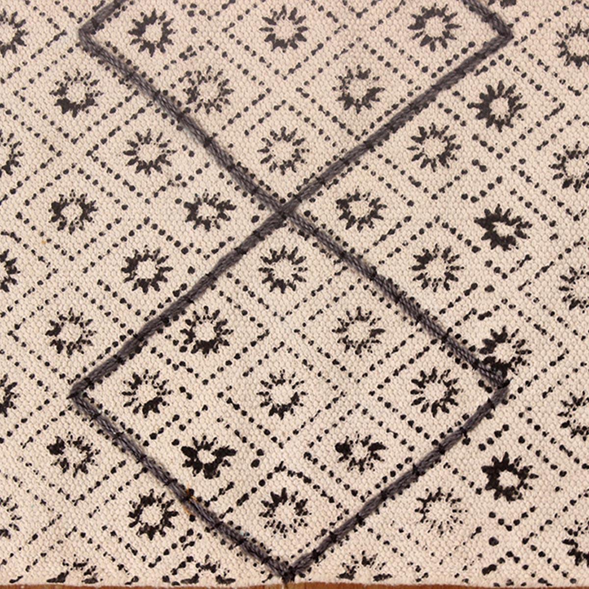 Thread Work Geometric Beige Gray Cotton Dhurries - Indian Rug Store