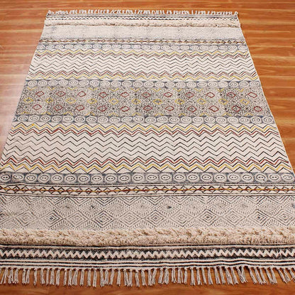 Hand Tufted Striped Beige Black Home Decor Cotton Dhurries - Indian Rug Store