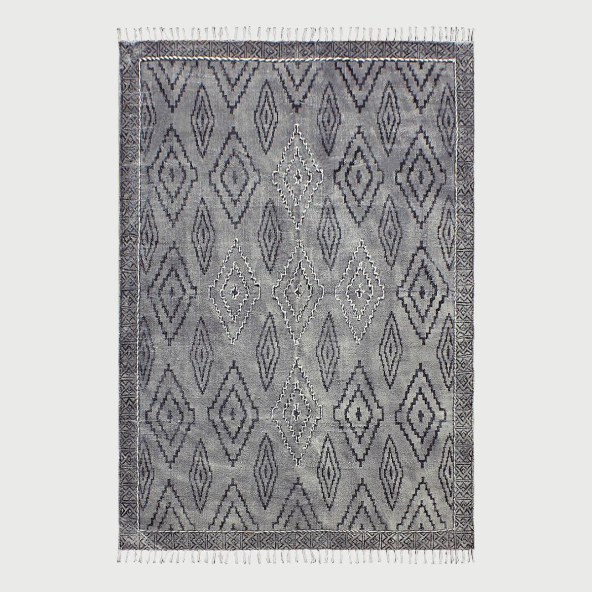 Thread Work Moroccan Dark Gray Black Farmhouse Cotton Rug - Indian Rug Store