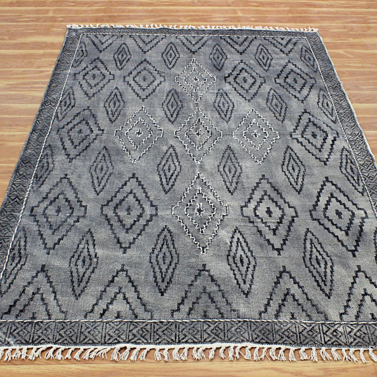 Thread Work Moroccan Dark Gray Black Farmhouse Cotton Rug - Indian Rug Store