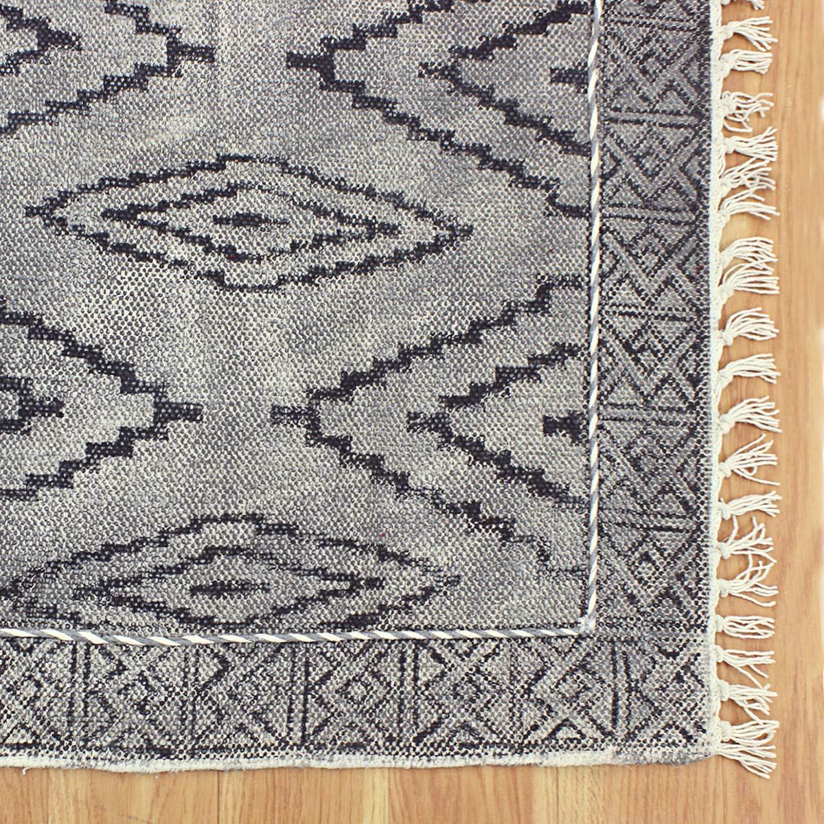 Thread Work Moroccan Dark Gray Black Farmhouse Cotton Rug - Indian Rug Store