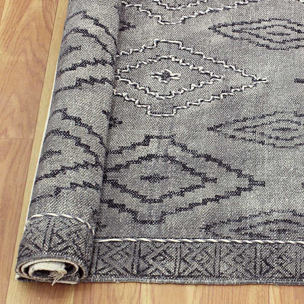 Thread Work Moroccan Dark Gray Black Farmhouse Cotton Rug - Indian Rug Store