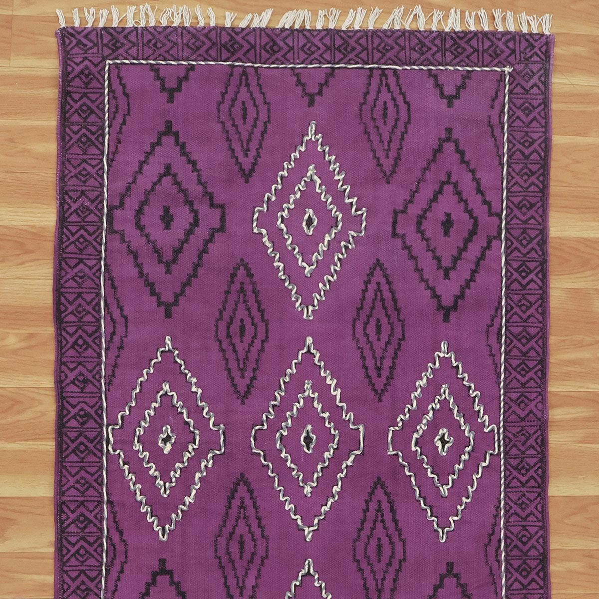 Thread Work Moroccan Purple Farmhouse Cotton Rug - Indian Rug Store