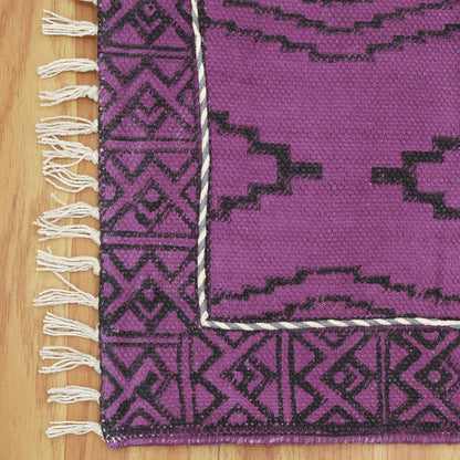 Thread Work Moroccan Purple Farmhouse Cotton Rug - Indian Rug Store