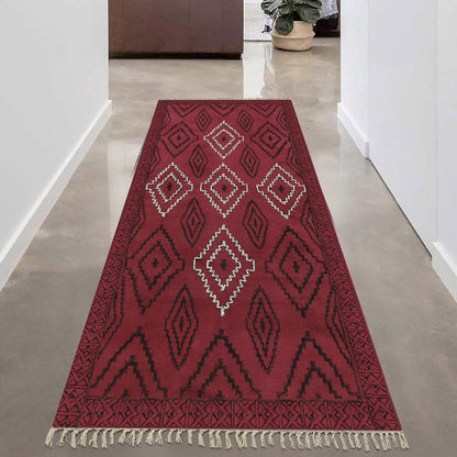 Thread Work Moroccan Red Farmhouse Cotton Rug - Indian Rug Store