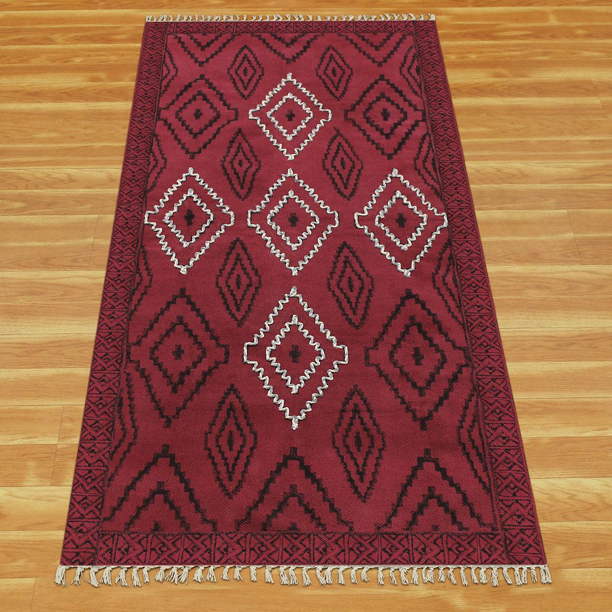 Thread Work Moroccan Red Farmhouse Cotton Rug - Indian Rug Store