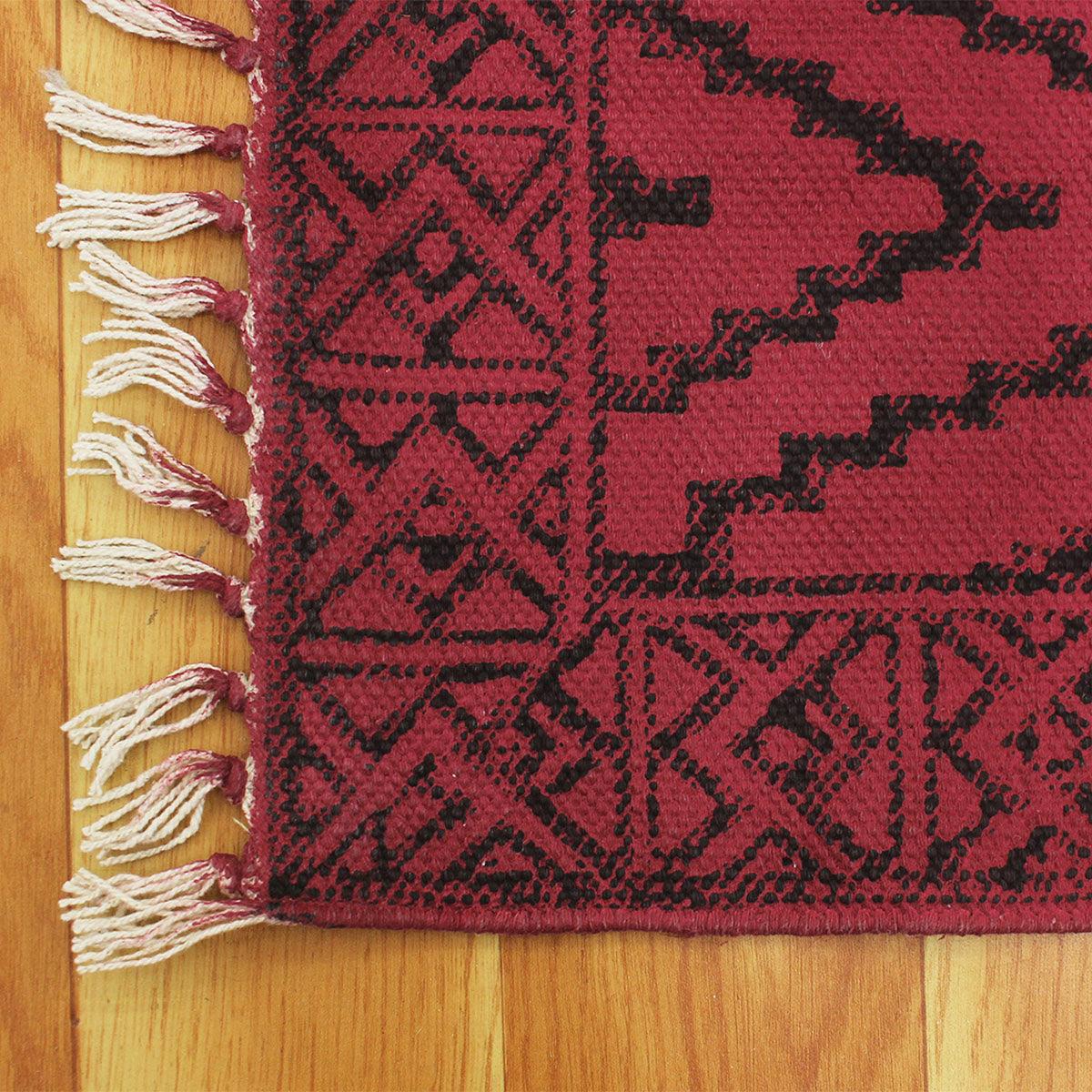 Thread Work Moroccan Red Farmhouse Cotton Rug - Indian Rug Store