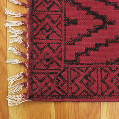 Thread Work Moroccan Red Farmhouse Cotton Rug - Indian Rug Store