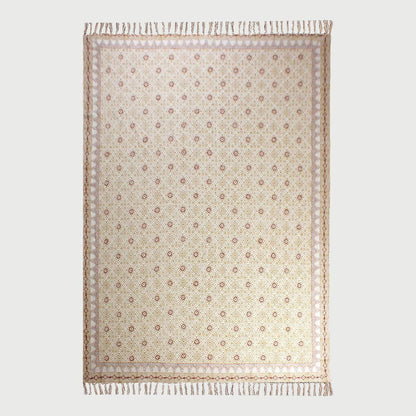 Thread Work Bordered Beige Brown Hallway Decor Cotton Dhurries - Indian Rug Store