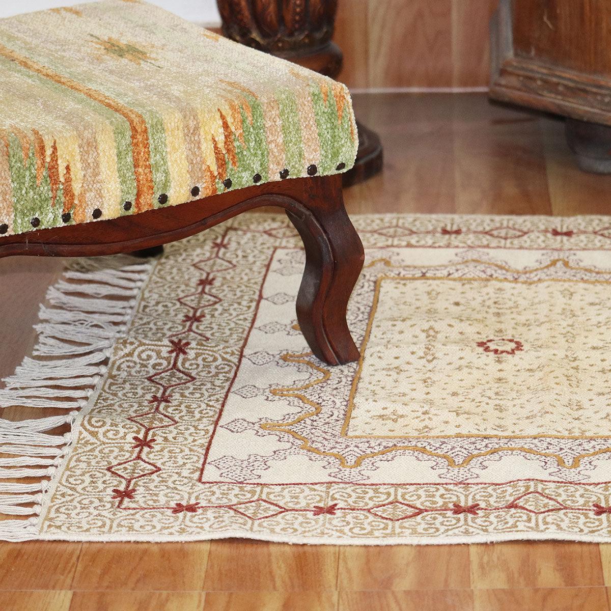 Thread Work Bordered Beige Brown Hallway Decor Cotton Dhurries - Indian Rug Store