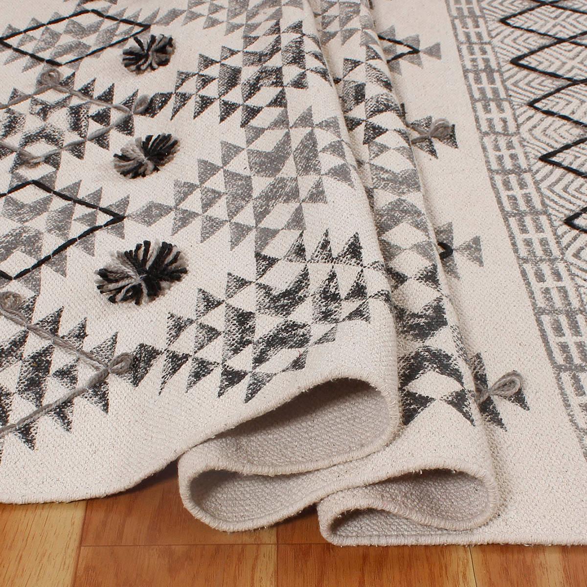 Thread Work Geometric Gray Black Hallway Decor Cotton Dhurries - Indian Rug Store