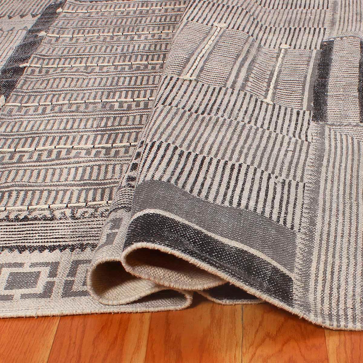 Thread Work Striped Gray Black Hallway Decor Cotton Dhurries - Indian Rug Store