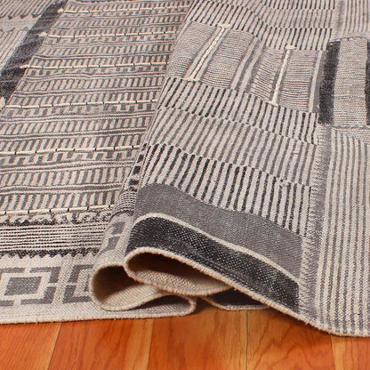 Thread Work Striped Gray Black Hallway Decor Cotton Dhurries - Indian Rug Store