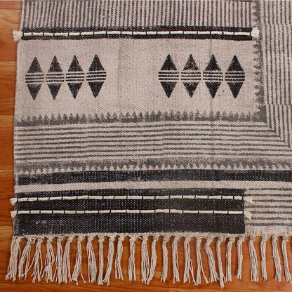 Thread Work Striped Gray Black Hallway Decor Cotton Dhurries - Indian Rug Store