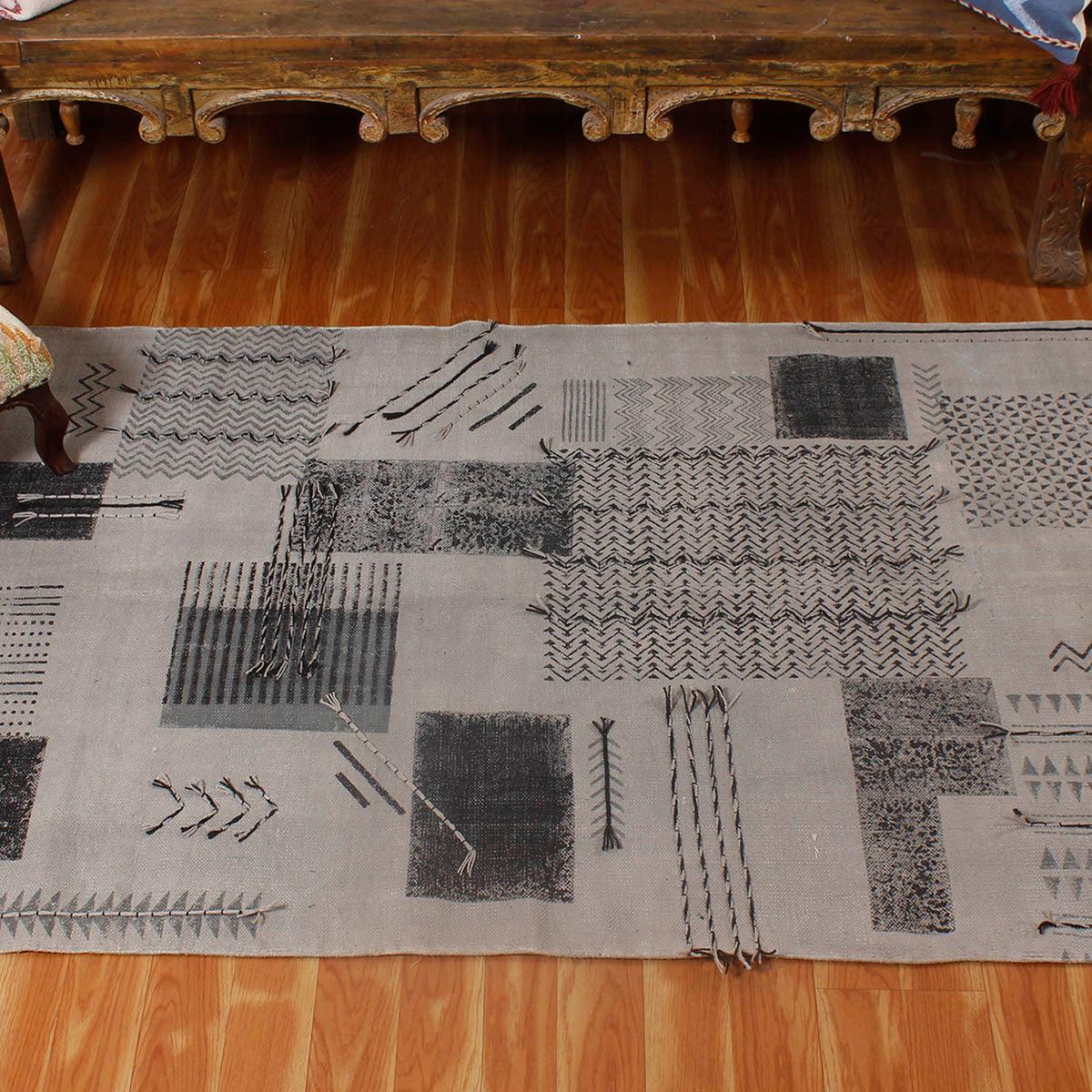 Thread Work Geometric Gray Black Dining Hall Decor Cotton Dhurries - Indian Rug Store