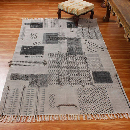 Thread Work Geometric Gray Black Dining Hall Decor Cotton Dhurries - Indian Rug Store