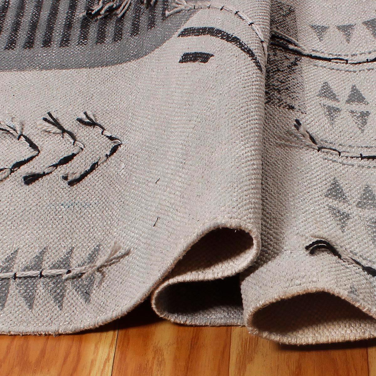 Thread Work Geometric Gray Black Dining Hall Decor Cotton Dhurries - Indian Rug Store