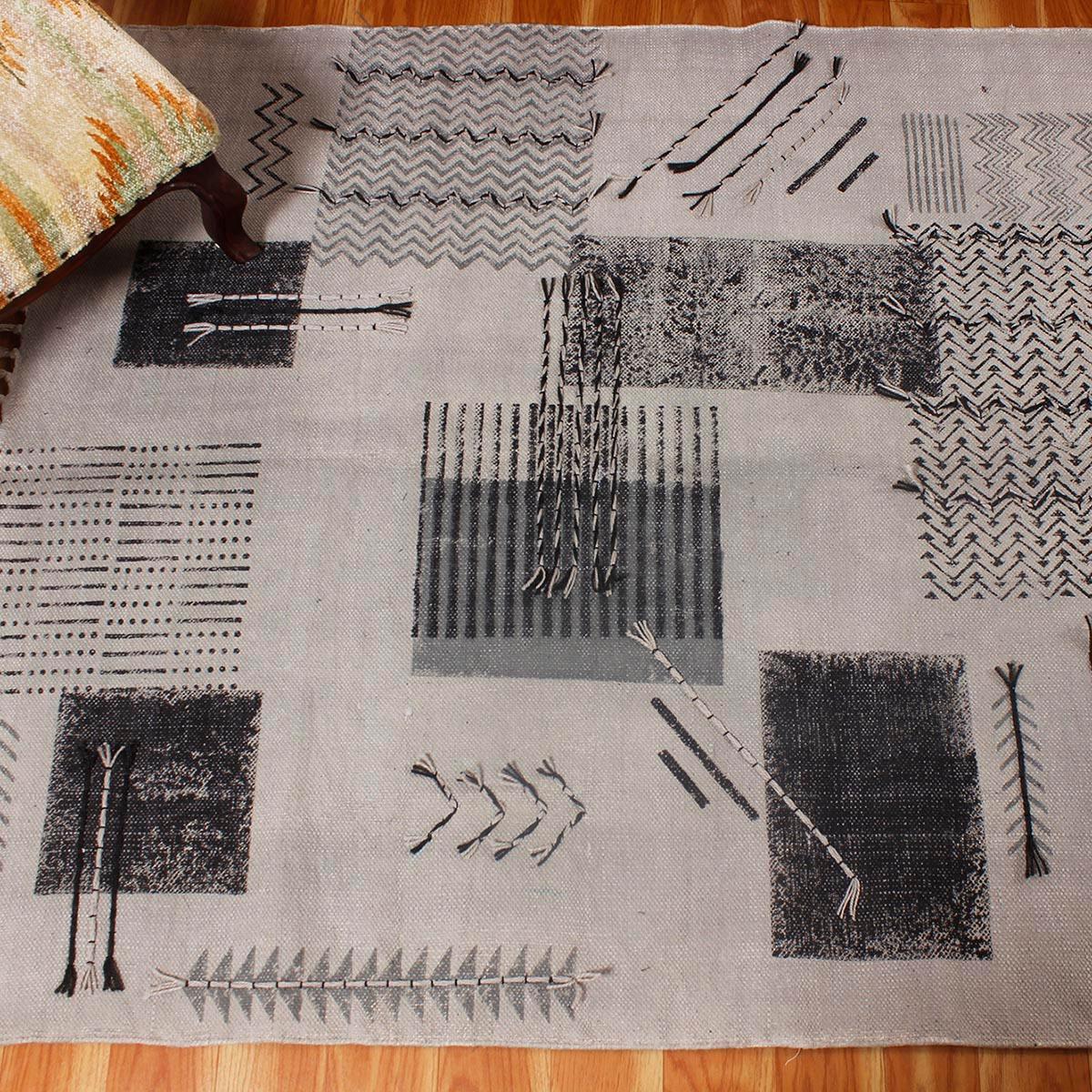 Thread Work Geometric Gray Black Dining Hall Decor Cotton Dhurries - Indian Rug Store