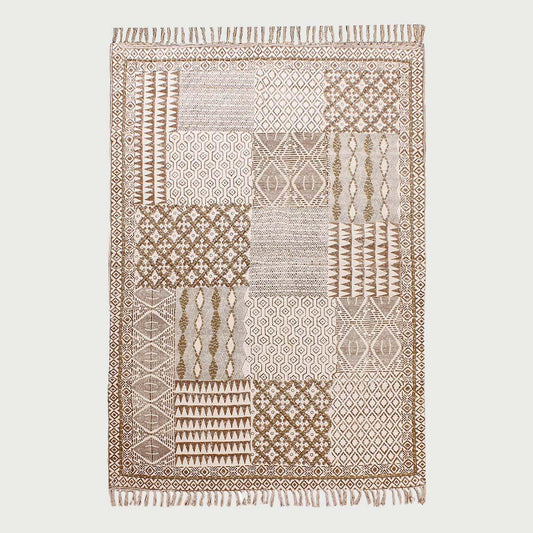 Thread Work Geometric Brown Beige Bedroom Decor Cotton Rug - Indian Rug Store