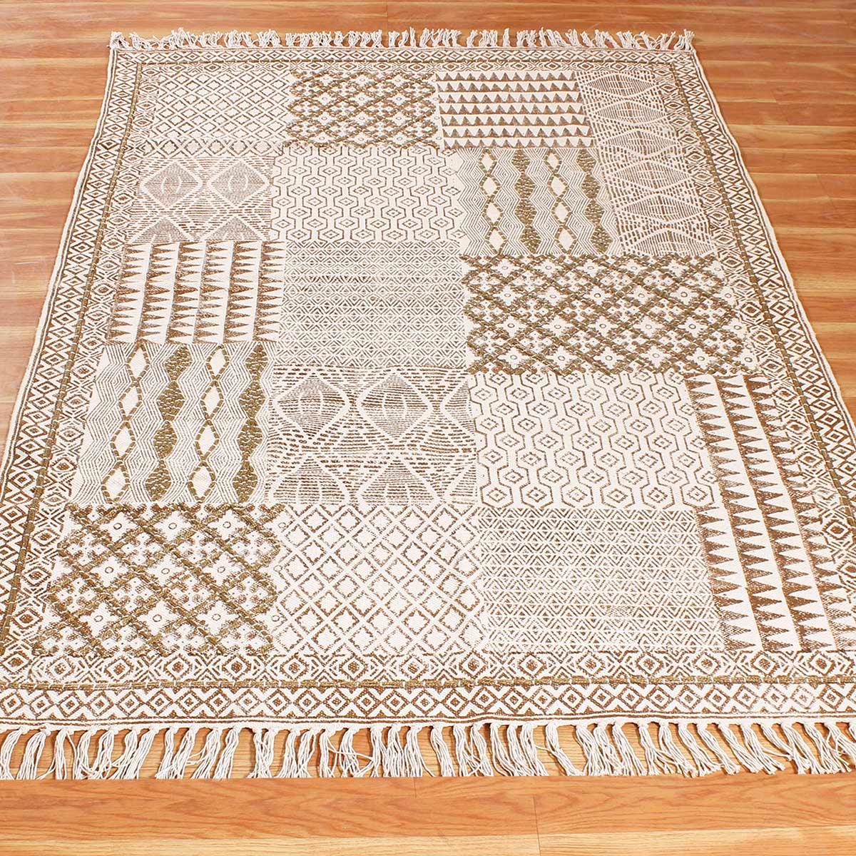 Thread Work Geometric Brown Beige Bedroom Decor Cotton Rug - Indian Rug Store