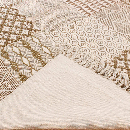 Thread Work Geometric Brown Beige Bedroom Decor Cotton Rug - Indian Rug Store