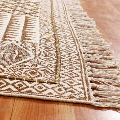 Thread Work Geometric Brown Beige Bedroom Decor Cotton Rug - Indian Rug Store