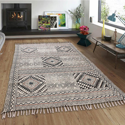 Thread Work Moroccan Black Blue Bedroom Decor Cotton Rug - Indian Rug Store