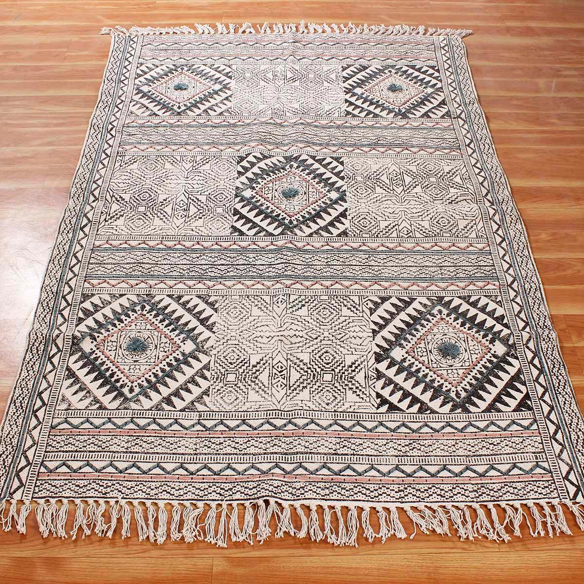 Thread Work Moroccan Black Blue Bedroom Decor Cotton Rug - Indian Rug Store