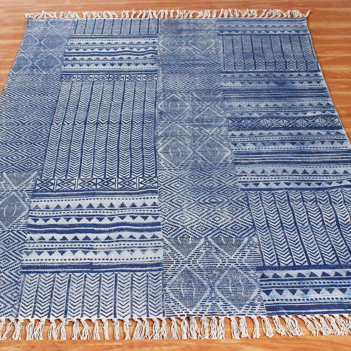 Blue Hand Block Print Abstract Home Decor Cotton Rug - Indian Rug Store