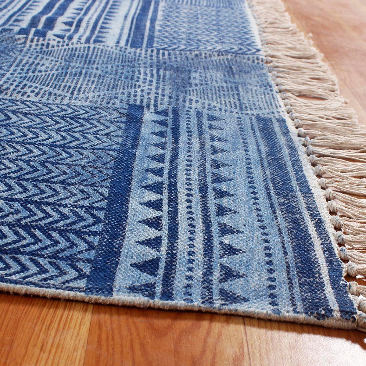 Blue Hand Block Print Abstract Home Decor Cotton Rug - Indian Rug Store